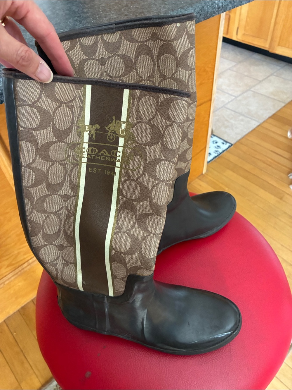 Coach Brown Signature Monogram Rain Boots with Dark Brown Foot. Size 8B.